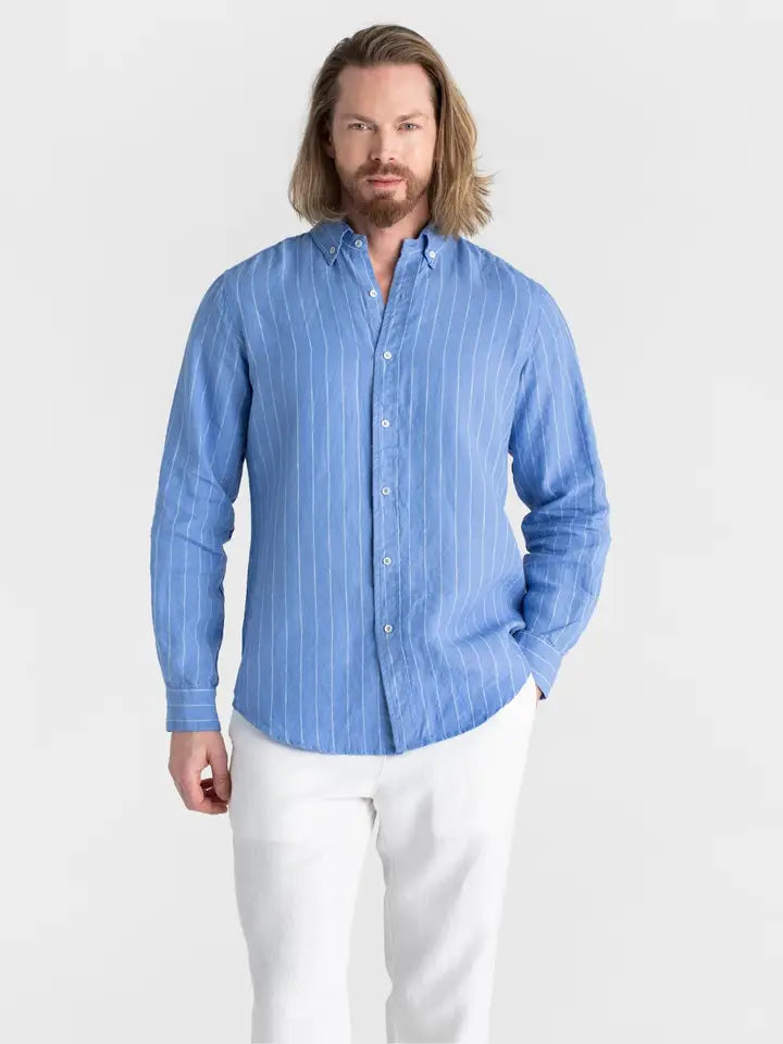 Classic Men's Linen Shirt Sintra in Blue Stripes-Shirt-MagicLinen-S-Blue stripes-Urbanheer