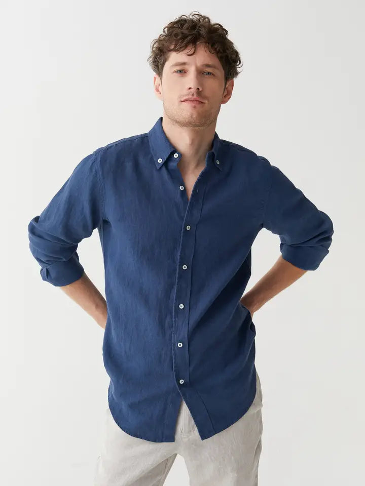 Classic Men's Linen Shirt Sintra in Deep Navy Blue-Shirt-MagicLinen-S-Deep Navy Blue-Urbanheer