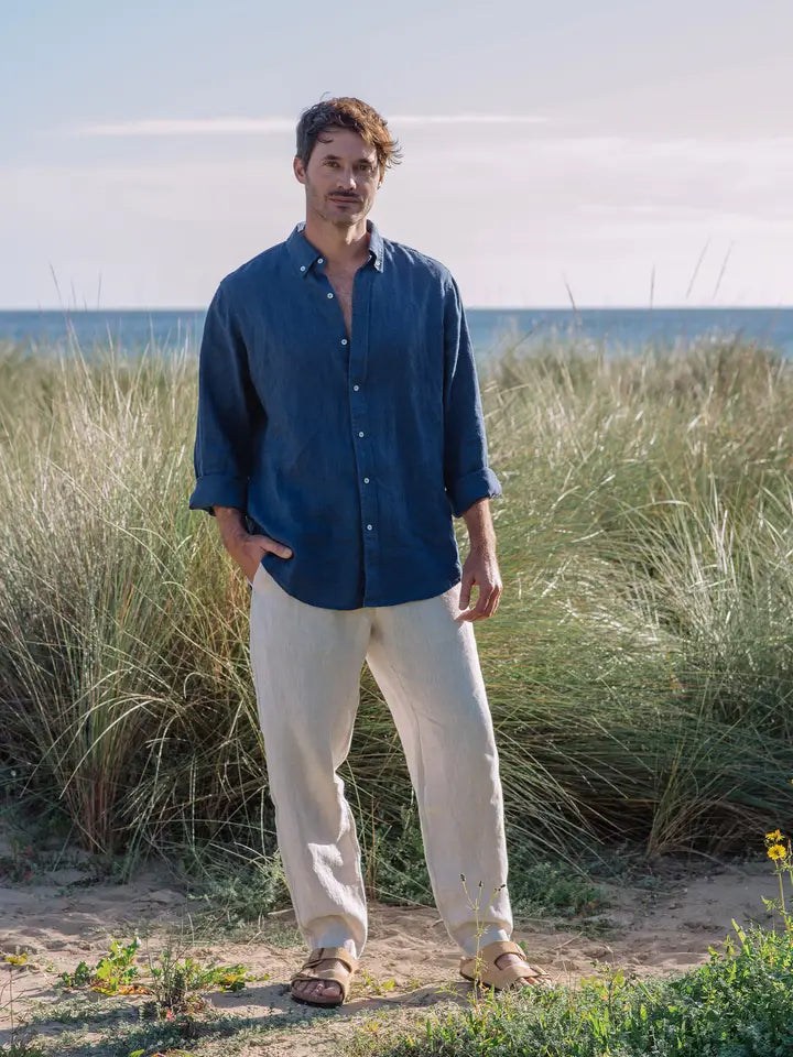 Classic Men's Linen Shirt Sintra in Deep Navy Blue-Shirt-MagicLinen-S-Deep Navy Blue-Urbanheer