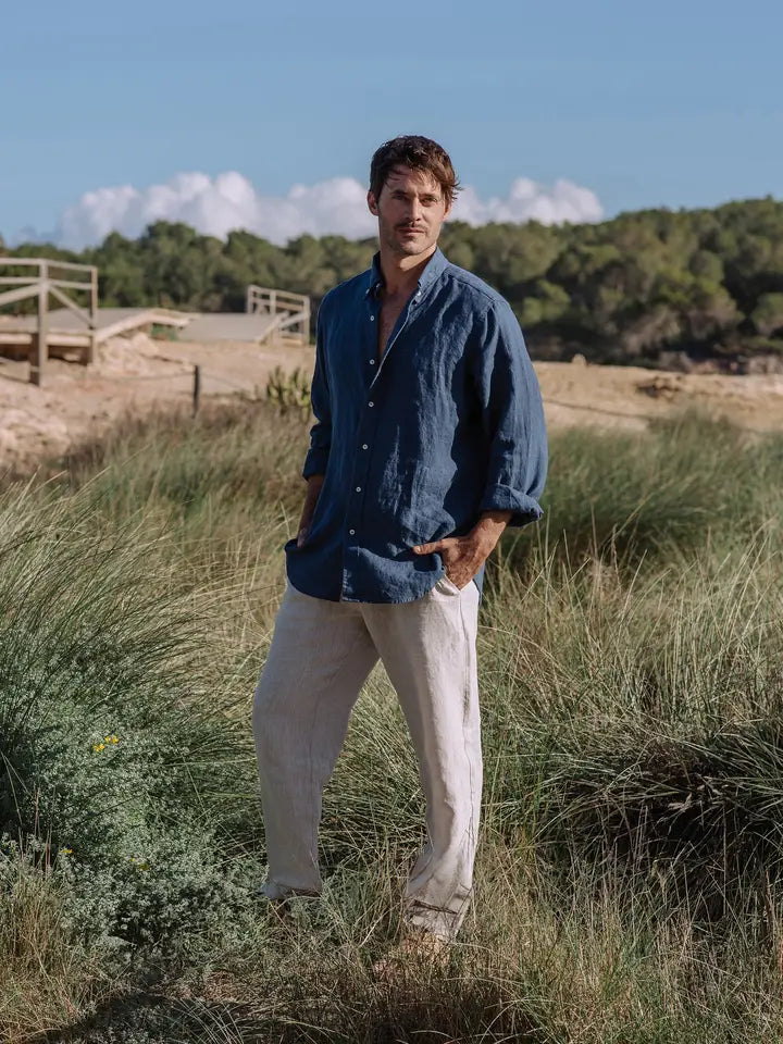 Classic Men's Linen Shirt Sintra in Deep Navy Blue-Shirt-MagicLinen-S-Deep Navy Blue-Urbanheer