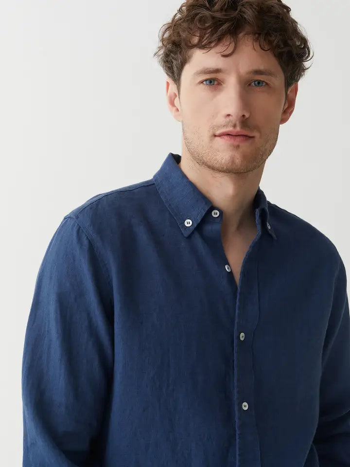 Classic Men's Linen Shirt Sintra in Deep Navy Blue-Shirt-MagicLinen-S-Deep Navy Blue-Urbanheer