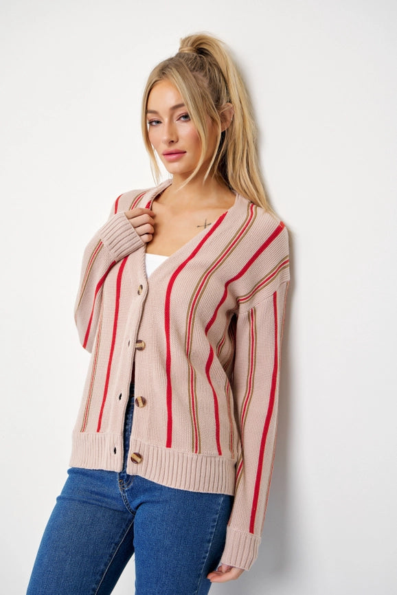 Classic Pinstripe Knit Cardigan BEIGE/RED-Cardigan-RIVIR-S-BEIGE/RED-Urbanheer