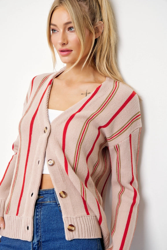 Classic Pinstripe Knit Cardigan BEIGE/RED-Cardigan-RIVIR-S-BEIGE/RED-Urbanheer