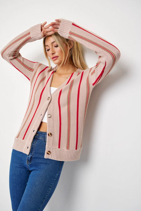 Classic Pinstripe Knit Cardigan BEIGE/RED-Cardigan-RIVIR-S-BEIGE/RED-Urbanheer