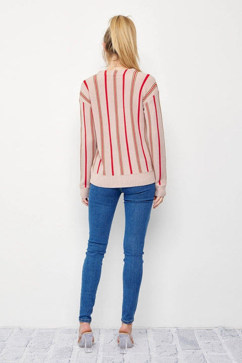 Classic Pinstripe Knit Cardigan BEIGE/RED-Cardigan-RIVIR-S-BEIGE/RED-Urbanheer