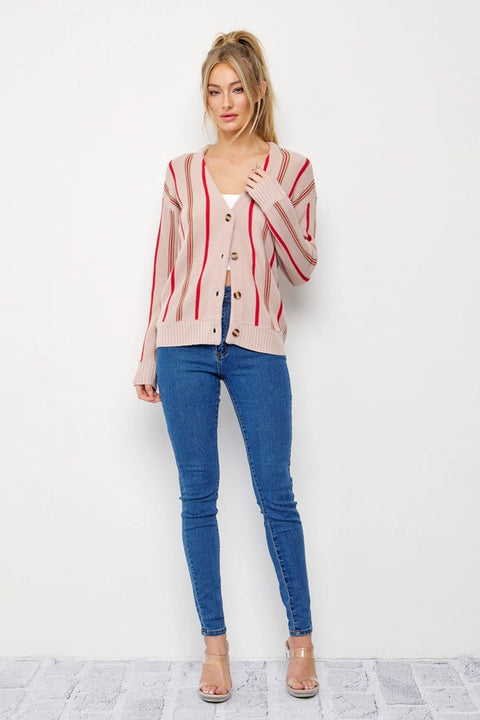 Classic Pinstripe Knit Cardigan BEIGE/RED-Cardigan-RIVIR-S-BEIGE/RED-Urbanheer