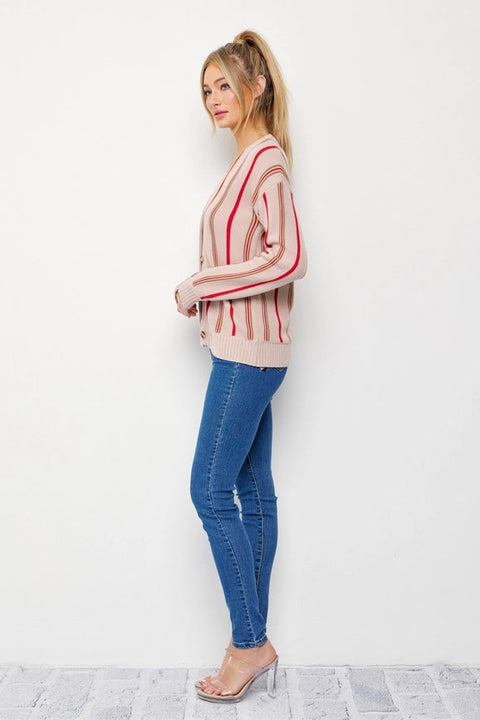 Classic Pinstripe Knit Cardigan BEIGE/RED-Cardigan-RIVIR-S-BEIGE/RED-Urbanheer