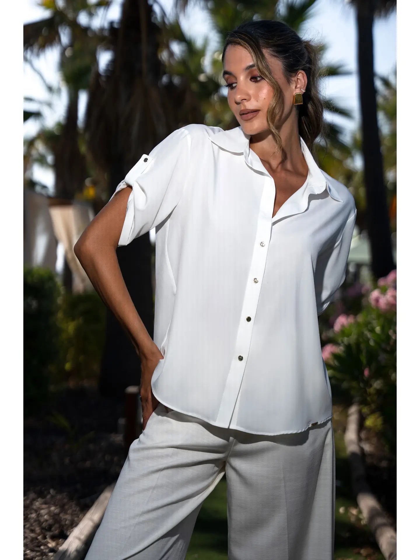 Classic Short-Sleeve Blouse with Tab Detail