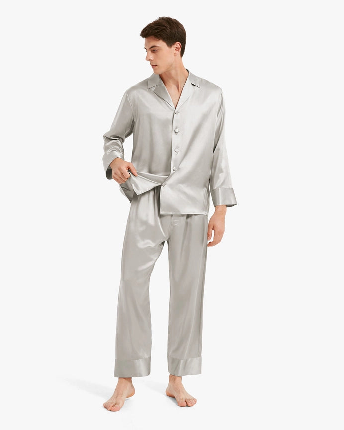 Classic Silk Pajamas - For Men Silver Gray-Pajamas-MommeSilk-XS-Urbanheer