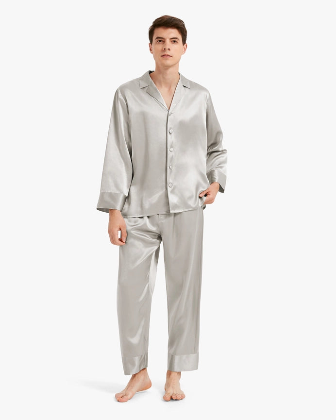 Classic Silk Pajamas - For Men Silver Gray-Pajamas-MommeSilk-XS-Urbanheer