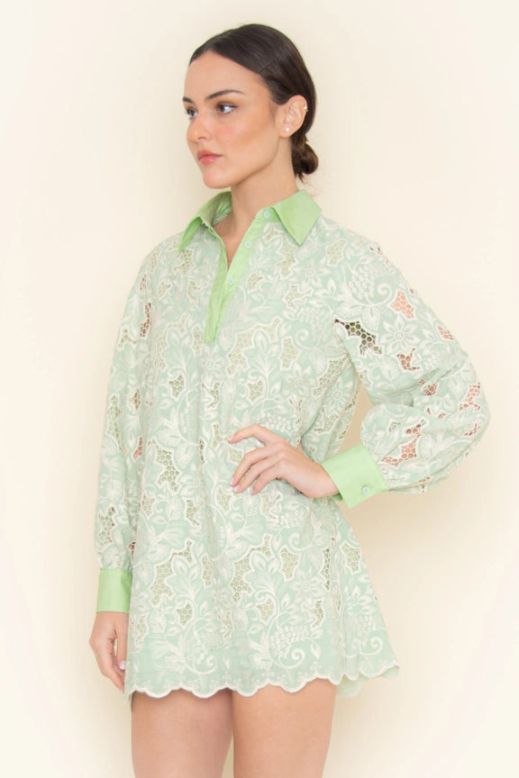Classy Floral Embroidered Eyelet Collar Mini DRESS-Dress-Fore Collection-S-Green-Urbanheer