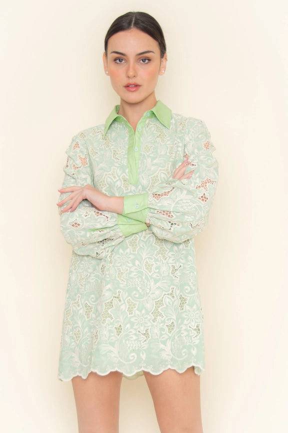 Classy Floral Embroidered Eyelet Collar Mini DRESS-Dress-Fore Collection-S-Green-Urbanheer