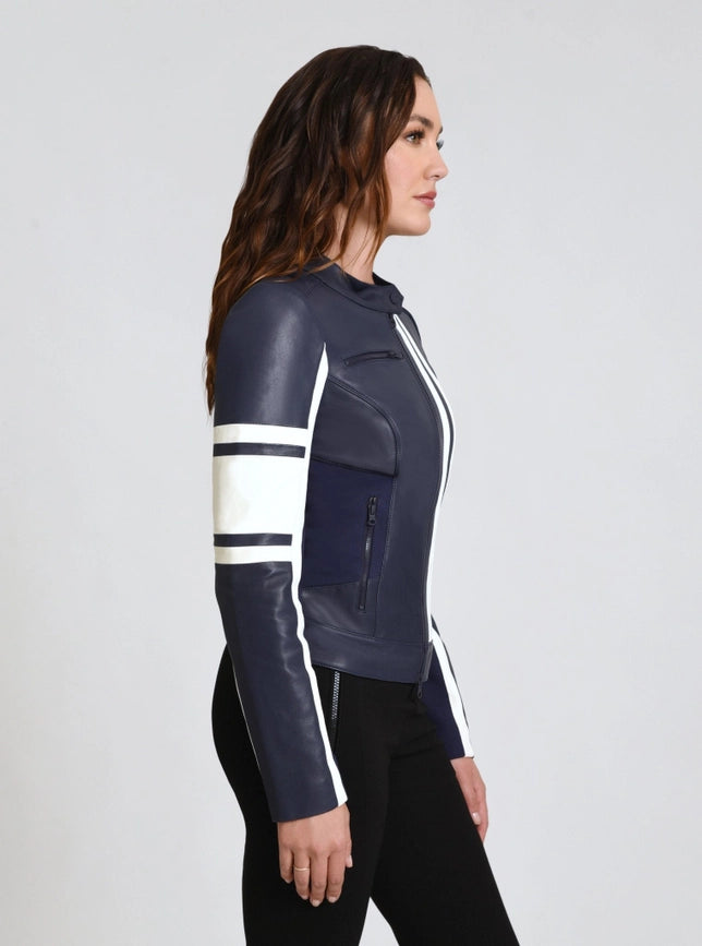 Claudine Leather Racer Jacket Naval Blue-Jacket-Blanc Noir-XS-Naval Blue-Urbanheer