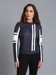 Claudine Leather Racer Jacket Naval Blue-Jacket-Blanc Noir-XS-Naval Blue-Urbanheer