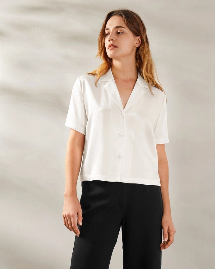 Clean V Neck Silk Shirt Ivory-Shirt-MommeSilk-XS-Ivory-Urbanheer