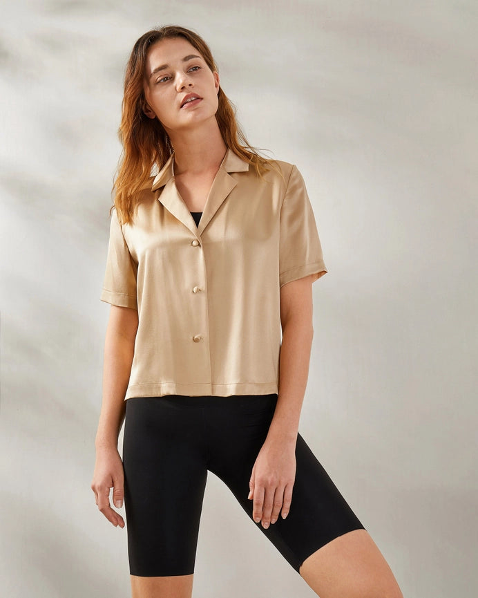 Clean V Neck Silk Shirt Light Camel-Shirt-MommeSilk-XS-Light Camel-Urbanheer