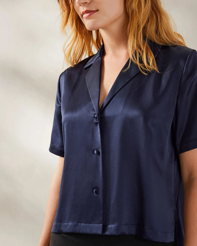 Clean V Neck Silk Shirt Navy Blue-Shirt-MommeSilk-XS-Navy Blue-Urbanheer