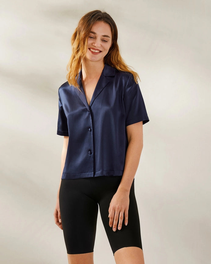 Clean V Neck Silk Shirt Navy Blue-Shirt-MommeSilk-XS-Navy Blue-Urbanheer