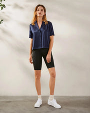 Clean V Neck Silk Shirt Navy Blue-Shirt-MommeSilk-XS-Navy Blue-Urbanheer