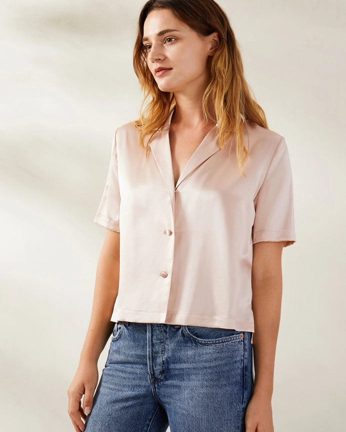 Clean V Neck Silk Shirt Pale Pink-Shirt-MommeSilk-XS-Pale Pink-Urbanheer