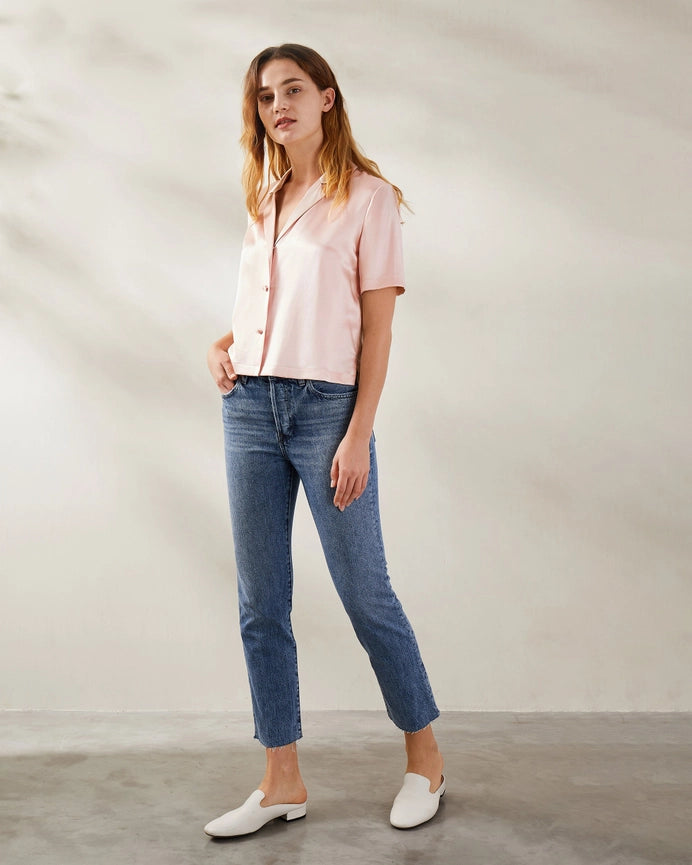 Clean V Neck Silk Shirt Pale Pink-Shirt-MommeSilk-XS-Pale Pink-Urbanheer