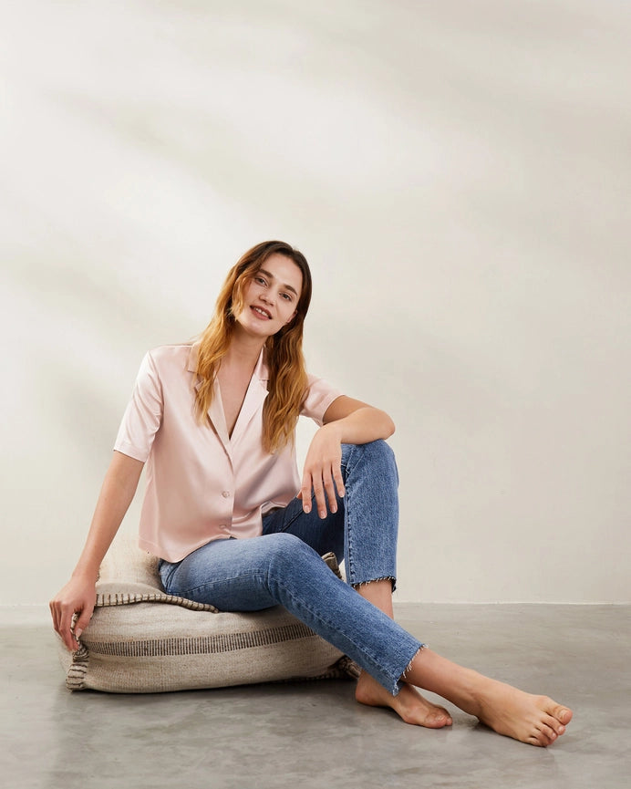 Clean V Neck Silk Shirt Pale Pink-Shirt-MommeSilk-XS-Pale Pink-Urbanheer