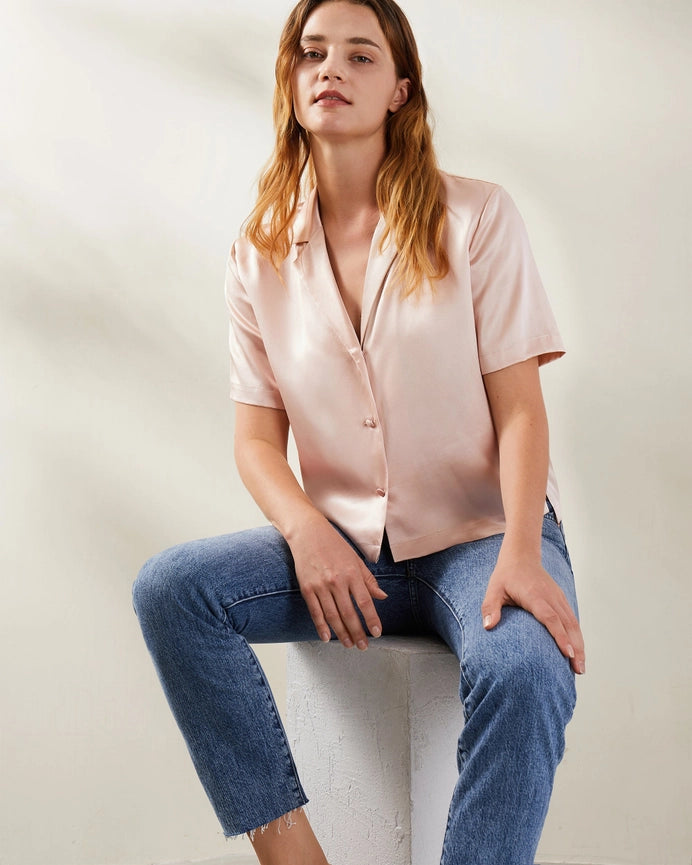 Clean V Neck Silk Shirt Pale Pink-Shirt-MommeSilk-XS-Pale Pink-Urbanheer