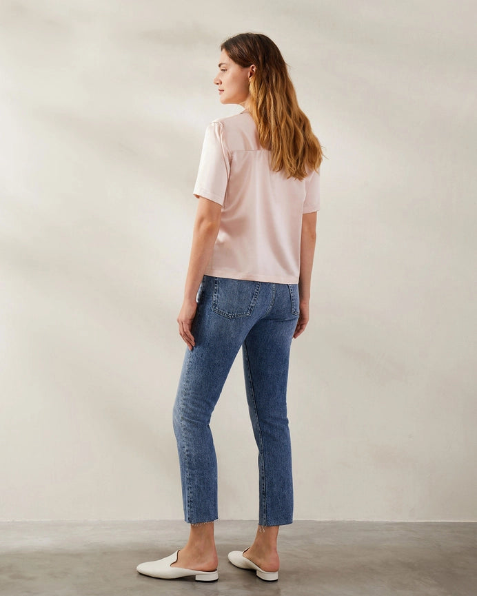 Clean V Neck Silk Shirt Pale Pink-Shirt-MommeSilk-XS-Pale Pink-Urbanheer