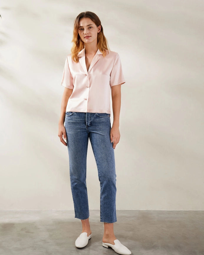 Clean V Neck Silk Shirt Pale Pink-Shirt-MommeSilk-XS-Pale Pink-Urbanheer