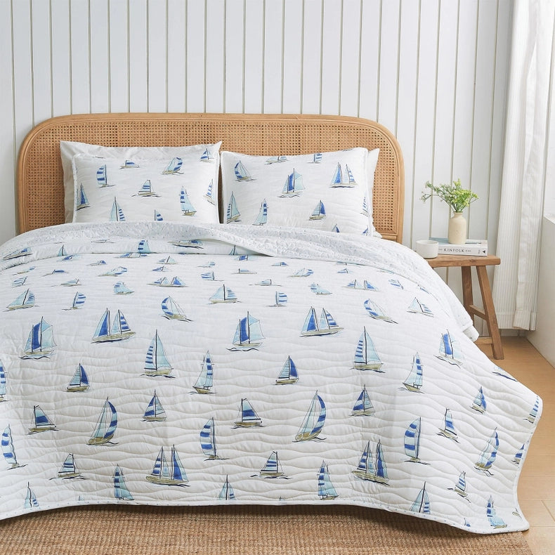 Coastal Blue Watercolor Sailboat Quilt Set | Marzano Collection By Great Bay Home-Set-BH Collective-Twin / Twin XL-Colorful Seascape-Urbanheer