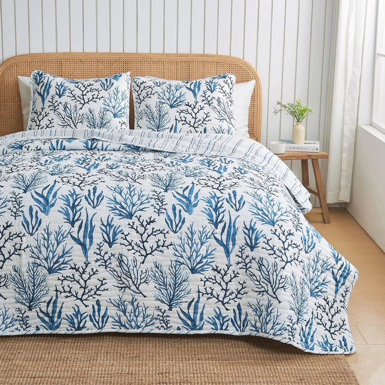 Coastal Navy Coral Quilt Set | Saelia Collection By Great Bay Home-Set-BH Collective-Twin / Twin XL-Navy Coral-Urbanheer