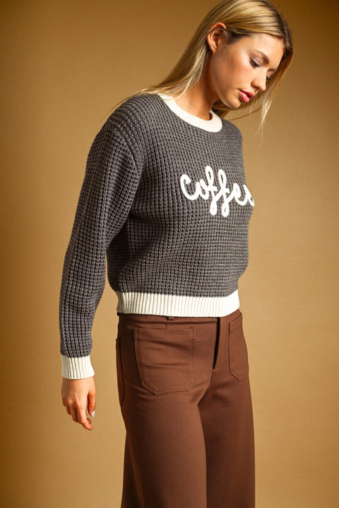 Coffee Letter Waffle Sweater Top