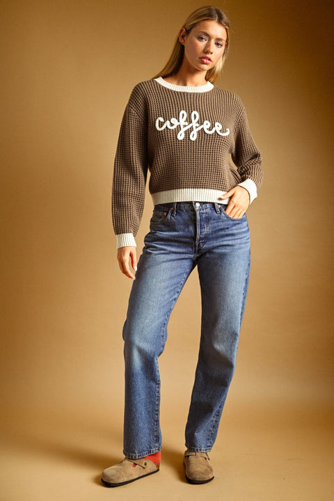 Coffee Letter Waffle Sweater Top