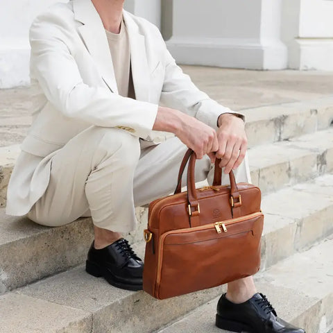 Cognac Leather Briefcase Laptop Bag - Orlando-Tote Bag-Time Resistance-Cognac-Urbanheer