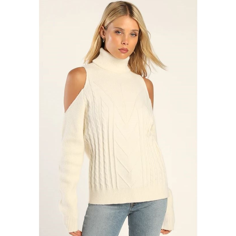 Cold Shoulder Cable Knit Pullover-Sweater-AZURA-S-IVORY-Urbanheer