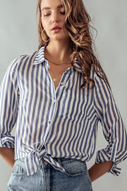 Collar Hem Tie Stripe Shirt Blue-Shirts-Urban Daizy-S-Urbanheer