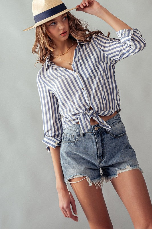 Collar Hem Tie Stripe Shirt Blue-Shirts-Urban Daizy-S-Urbanheer