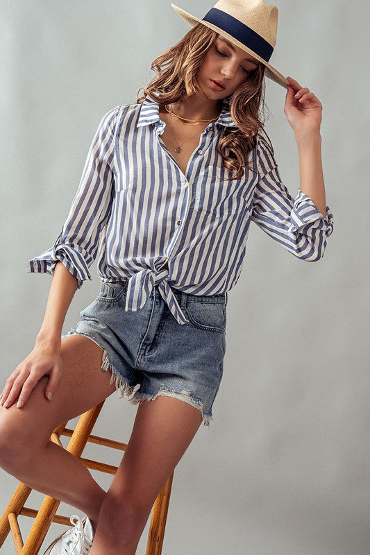 Collar Hem Tie Stripe Shirt Blue-Shirts-Urban Daizy-S-Urbanheer