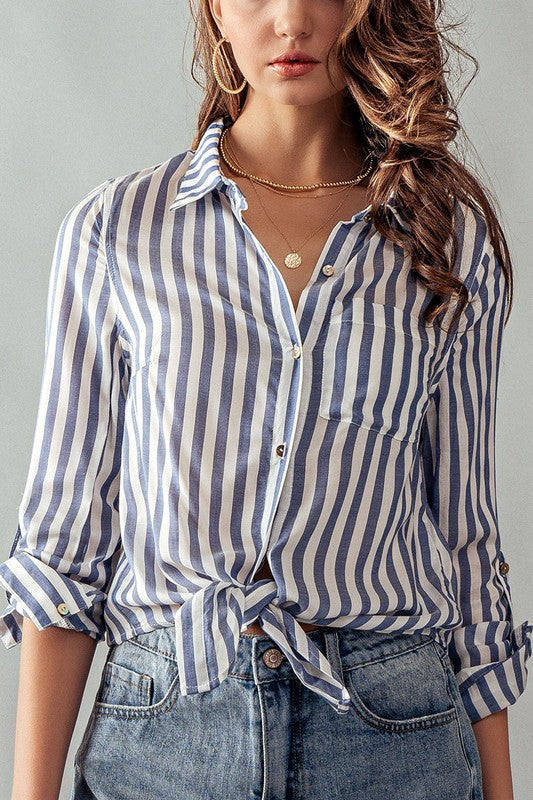 Collar Hem Tie Stripe Shirt Blue-Shirts-Urban Daizy-S-Urbanheer