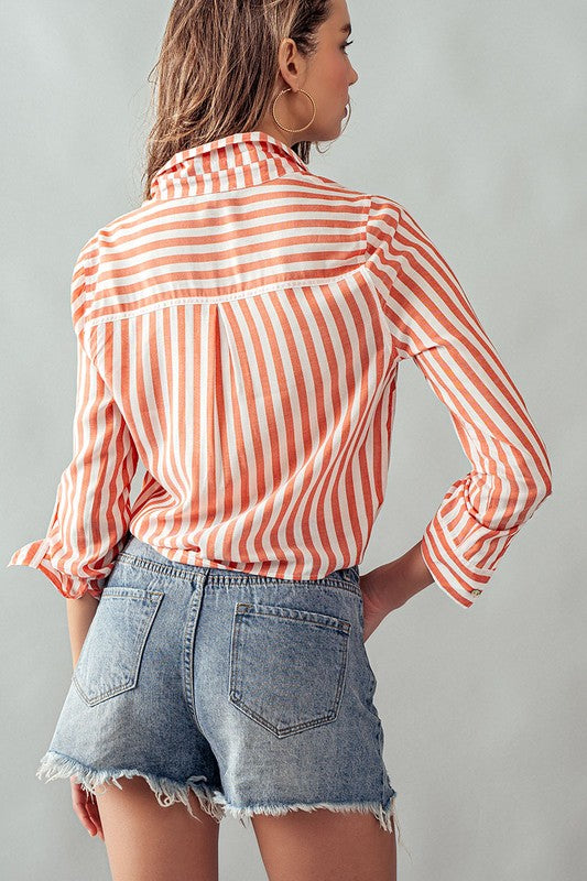 Collar Hem Tie Stripe Shirt Fuchsia-Shirts-Urban Daizy-S-Urbanheer