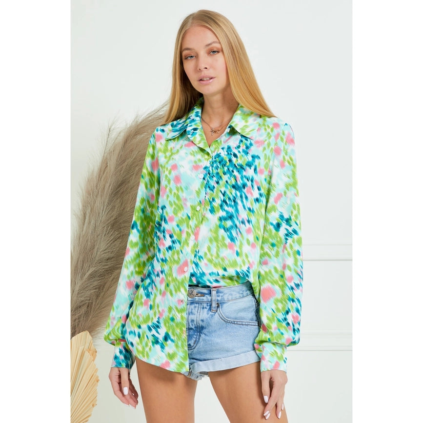 Collar Splash Print Casual Button Down and Long Sleeve Blouse GREEN MULTI-Blouses-AZURA-S-Urbanheer