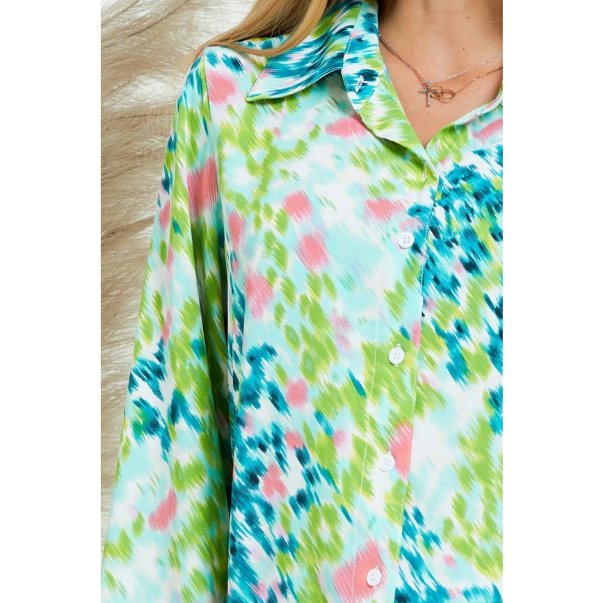 Collar Splash Print Casual Button Down and Long Sleeve Blouse GREEN MULTI-Blouses-AZURA-S-Urbanheer
