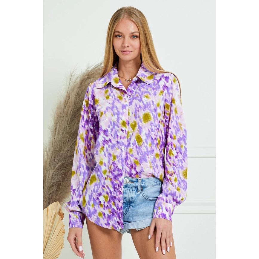 Collar Splash Print Casual Button Down and Long Sleeve Blouse LAVENDER MULTI-Blouses-AZURA-S-Urbanheer