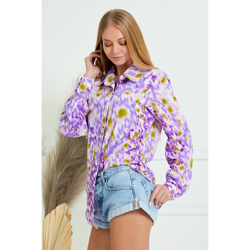 Collar Splash Print Casual Button Down and Long Sleeve Blouse LAVENDER MULTI-Blouses-AZURA-S-Urbanheer
