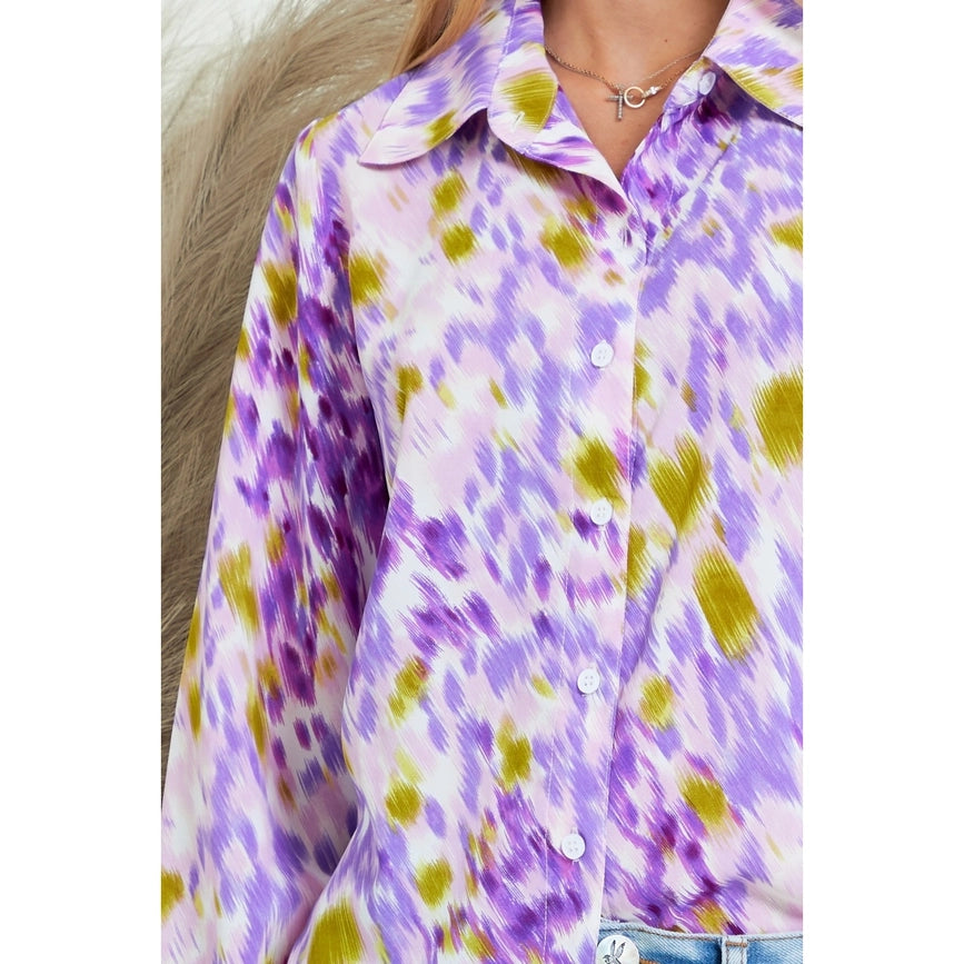 Collar Splash Print Casual Button Down and Long Sleeve Blouse LAVENDER MULTI-Blouses-AZURA-S-Urbanheer