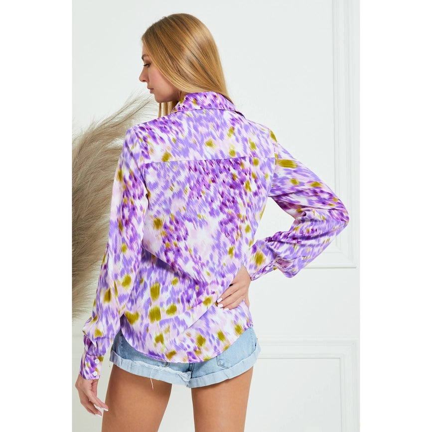 Collar Splash Print Casual Button Down and Long Sleeve Blouse LAVENDER MULTI-Blouses-AZURA-S-Urbanheer