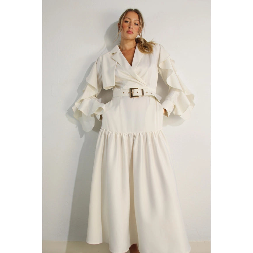 Collared Long Ruffle Sleeve Dress-Dress-Mulla-S-CREAM-Urbanheer