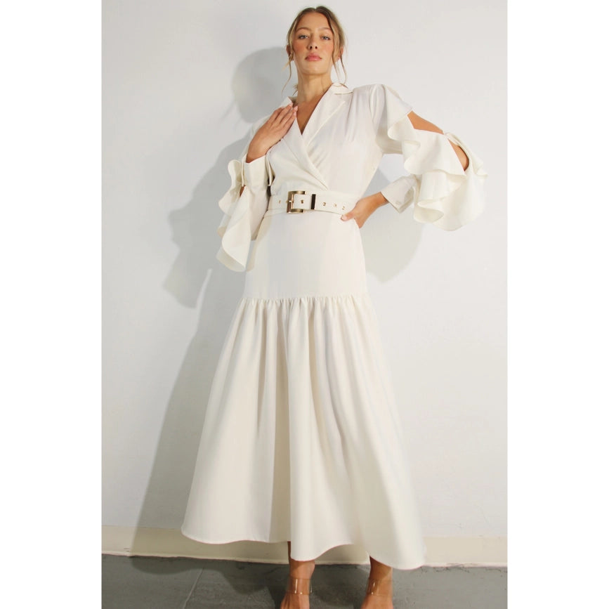 Collared Long Ruffle Sleeve Dress-Dress-Mulla-S-CREAM-Urbanheer