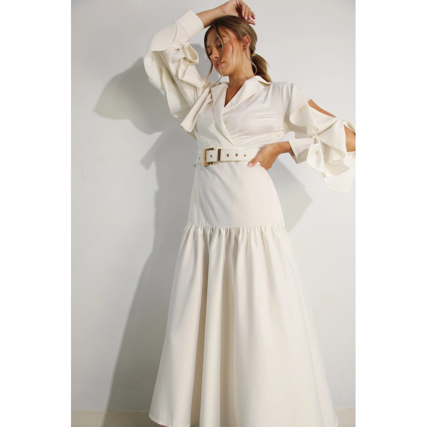 Collared Long Ruffle Sleeve Dress-Dress-Mulla-S-CREAM-Urbanheer