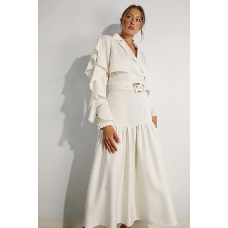 Collared Long Ruffle Sleeve Dress-Dress-Mulla-S-CREAM-Urbanheer